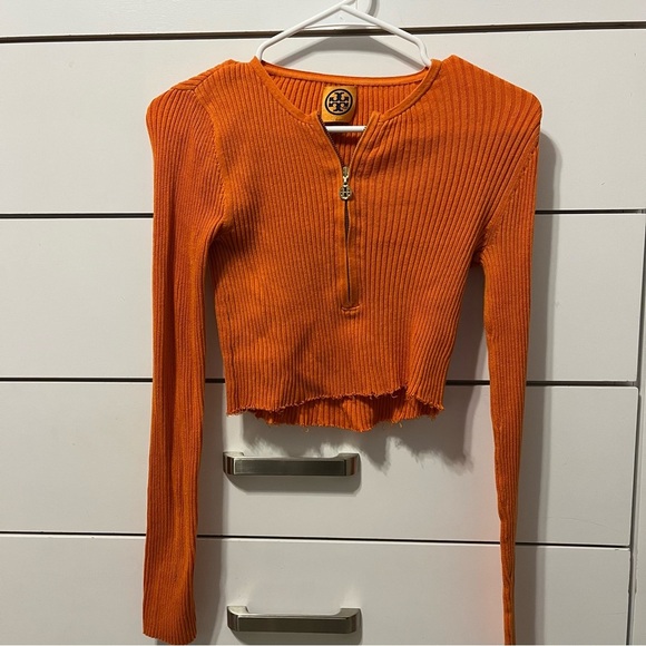 Tory Burch Orange Cropped Ribbed Sweater - Picture 2 of 6